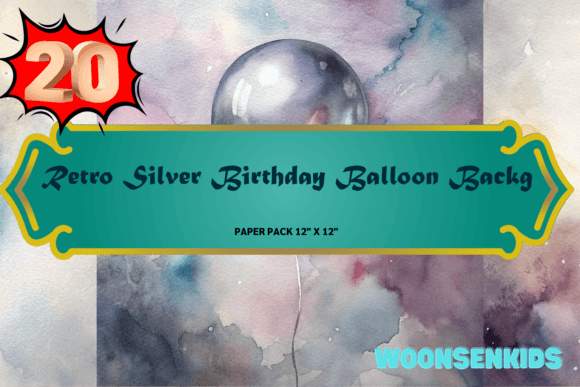 Top Retro Silver Birthday Balloon Background Watercolor PNG KDP Digital Paper Pack